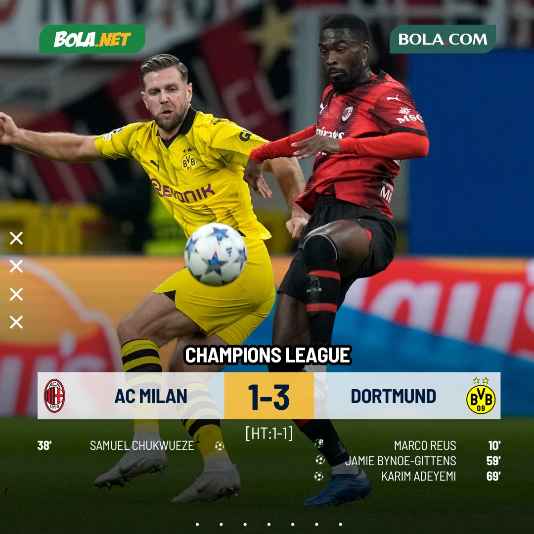 Bolanet's tweet photo. #LiveBolanet FT: AC Milan 1-3 Dortmund | Possessions: 55%-45% | Shots: 17-11 | Tackles: 14-23

Tak Berdaya, Dortmund Lumat Il Diavolo di San Siro

#BolanetReview #BLDhen #Bolaneters #UCL #ChampionsLeague #ACMilan #Dortmund https://t.co/qT84g346lY