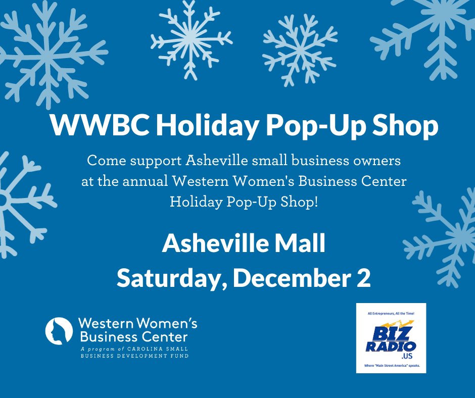The <a href="/WWBCNC/">Western Women's Business Center</a>, a program of CSBDF, is hosting its annual Holiday Pop-Up Shop this Saturday at the Asheville Mall. 

Come support some incredible women-owned, home-based small businesses this holiday season. Learn more and enter our giveaway below:

wwbcnc.org/holiday-pop-up…