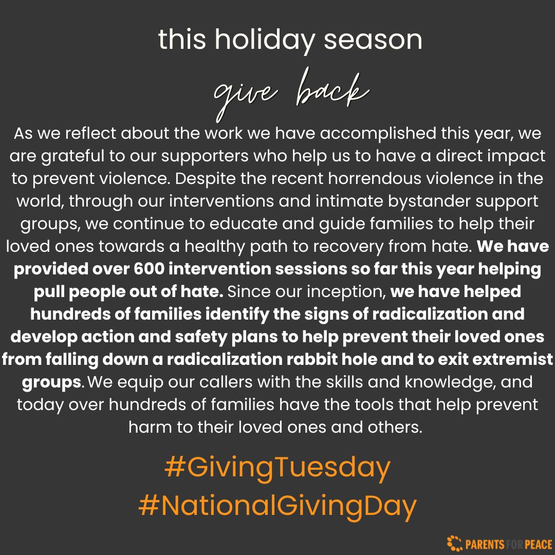 parentsforpeace's tweet image. Visit our page for more info on how you can help

#EndExtremism #FamiliesFirst #NationalGivingDay #GivingTuesday
