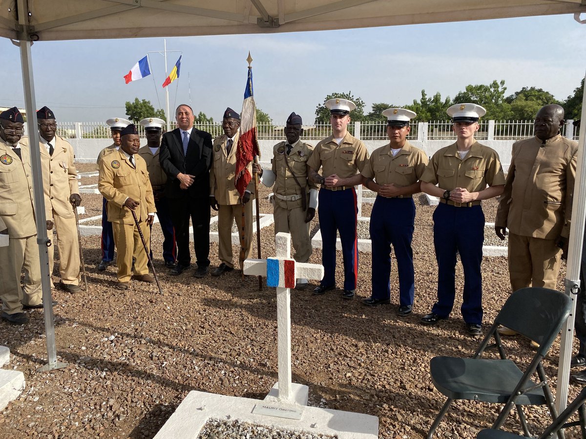 MSGs with Detachment N'Djamena, Chad and U.S. Ambassador Alexander M. Laskaris attended a wreath laying at the allied cemetery. The last surviving Chadian Soldiers from the French Army were present, including the oldest Chadian veteran who enlisted in 1946.
