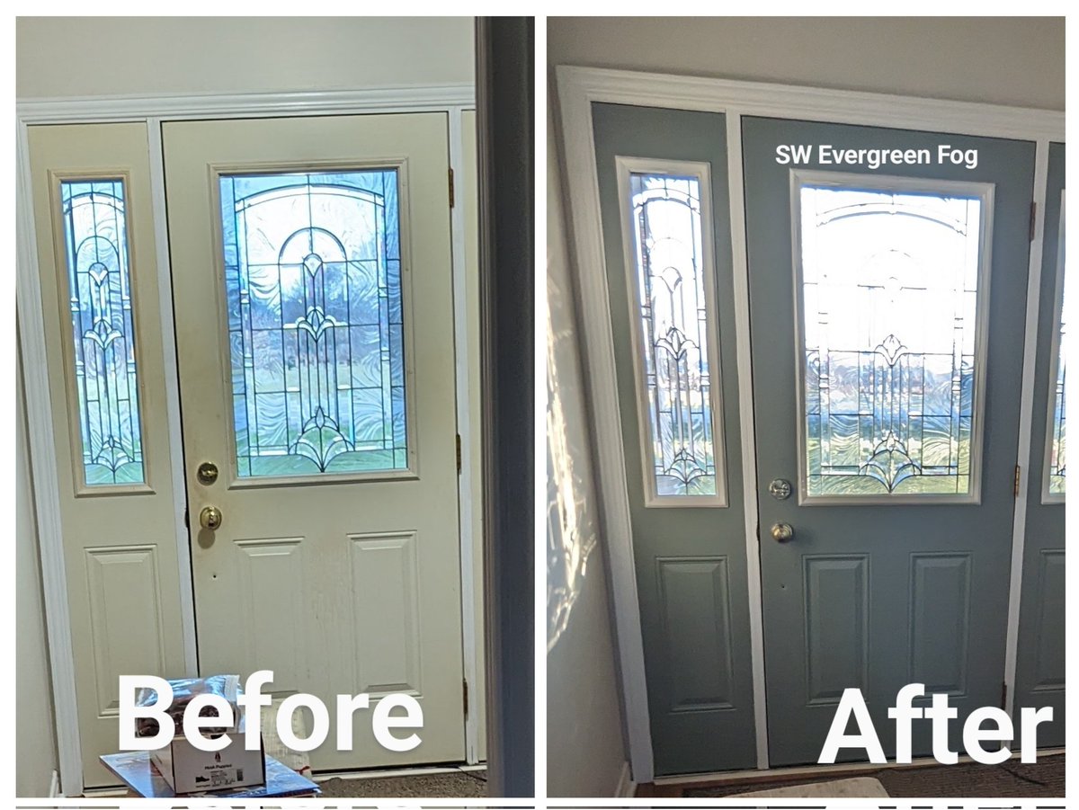 InOrOutPainting's tweet photo. This door turned out amazing! Sherwin Williams Evergreen Fog brought this to life. Not the best of pictures however we are making good progress on this repaint for some amazing customers. Much more to come!  #interiors #interiorpainting #interiormakeover #swcolorlove https://t.co/5XVTFv8o3S
