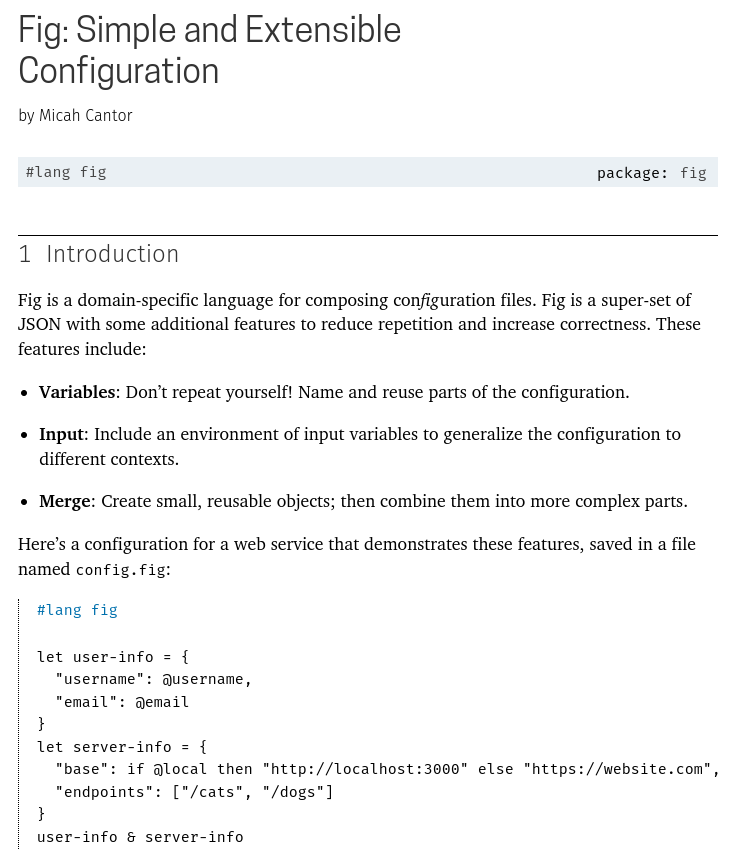 micah_cantor's tweet photo. I released a tiny Racket lang called Fig. It's an extension of JSON with a few (but not too many) features for composing reusable configuration files https://t.co/Bf442LPO1p