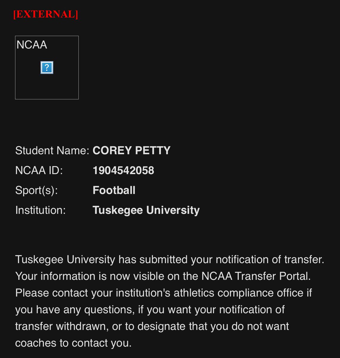 Deuce Petty©️ (@c_petty12) on Twitter photo I have officially entered my name into the transfer portal. Thank you to the Tuskegee family and all you’ve done for me! #TransferPortal <a href="/RecruitGeorgia/">Recruit Georgia</a> <a href="/_CoachBWilliams/">Brandon Williams</a> <a href="/CoachJWStephens/">Coach Jerry W. Stephens Sr.</a> <a href="/TimothyBynum5/">Tim Bynum</a> I have officially entered my name into the transfer portal. Thank you to the Tuskegee family and all you’ve done for me! #TransferPortal <a href="/RecruitGeorgia/">Recruit Georgia</a> <a href="/_CoachBWilliams/">Brandon Williams</a> <a href="/CoachJWStephens/">Coach Jerry W. Stephens Sr.</a> <a href="/TimothyBynum5/">Tim Bynum</a>