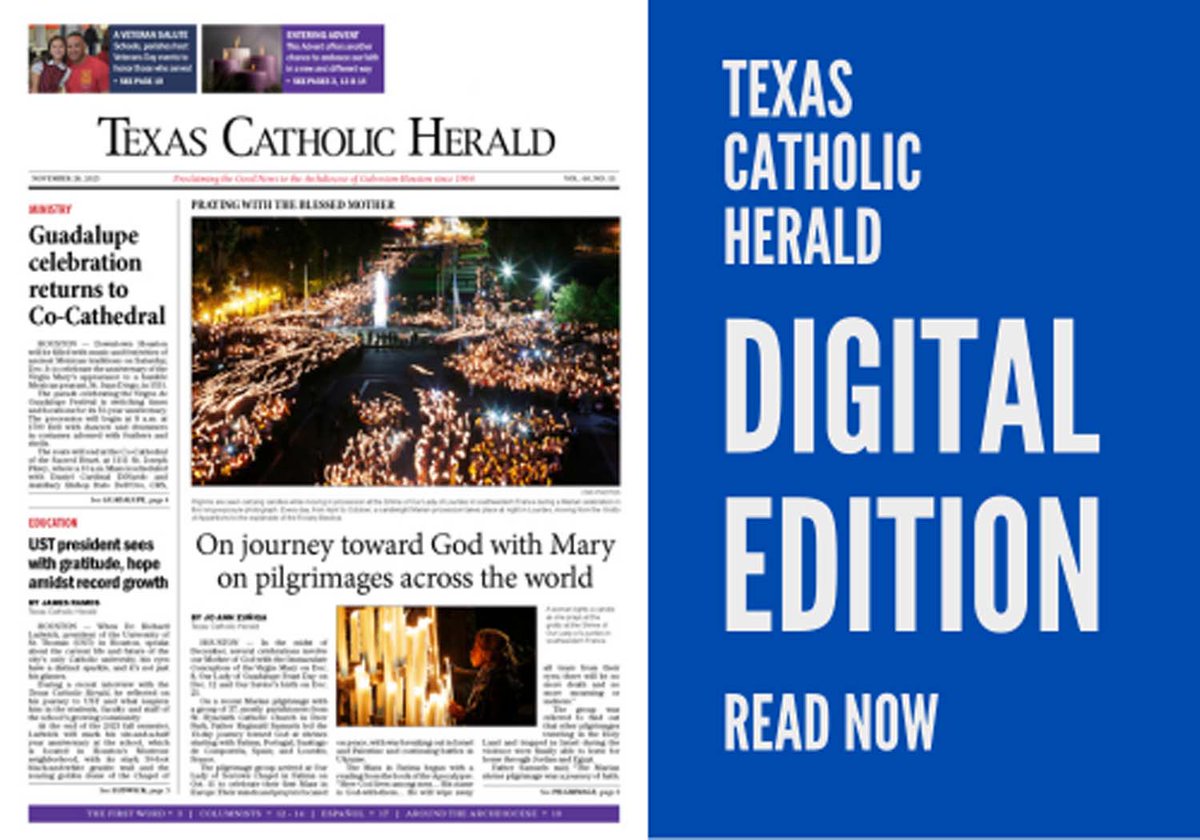 TexasCathHerald's tweet photo. 💡 The latest issue of the #TexasCatholicHerald is now available!  

In this edition, learn about the St. Andrew Novena, Marian pilgrimages, the upcoming Our Lady of Guadalupe celebration and more.   

📍Read it online at https://t.co/orSMB2JFps

#CatholicNews #CatholicTwitter https://t.co/88U6ZbIjbl