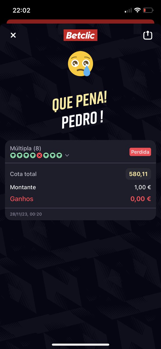 <a href="/BetclicPortugal/">Betclic Portugal 🔞</a>  acho que vale umas freebets não? Perder com penalti aos 98 é duro…