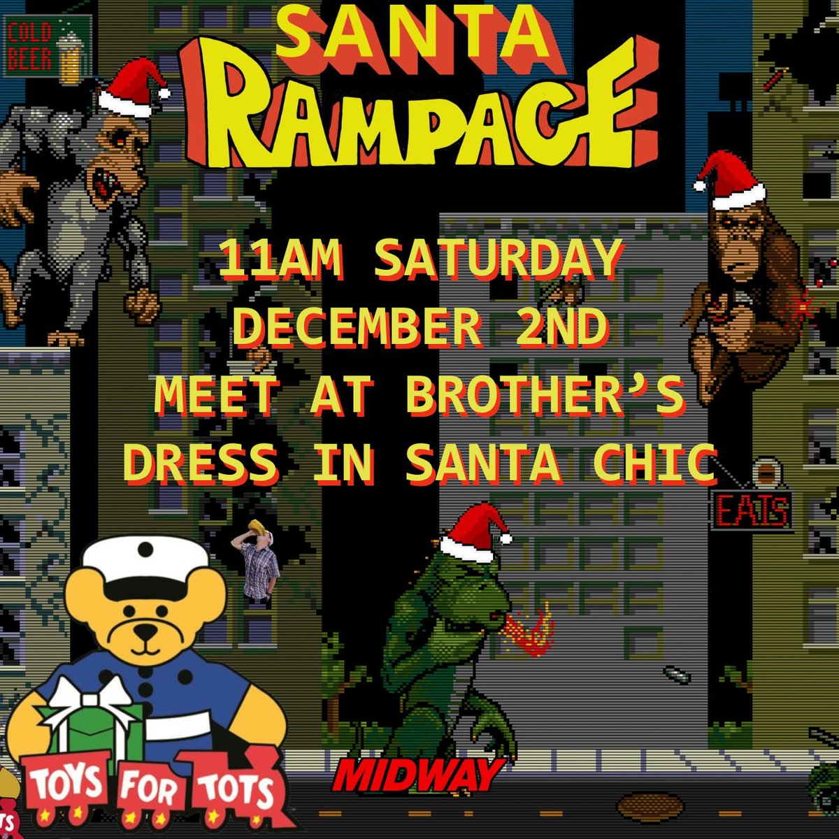 Dress as santa. Bring gifts. See ya at Brother's Bar and Grill.