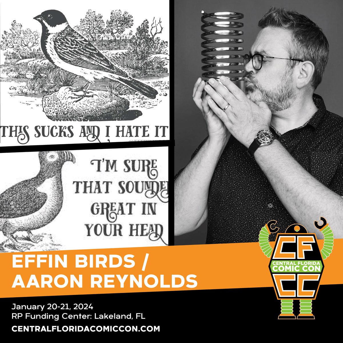 Multi-time Webby Award Winner @aaronreynolds of @EffinBirds returns to Central Florida Comic Con, this January! 🎉 Central Florida Comic Con is January 20-21, 2024 at the RP Funding Center in Lakeland, FL! TICKETS >> centralfloridacomiccon.com