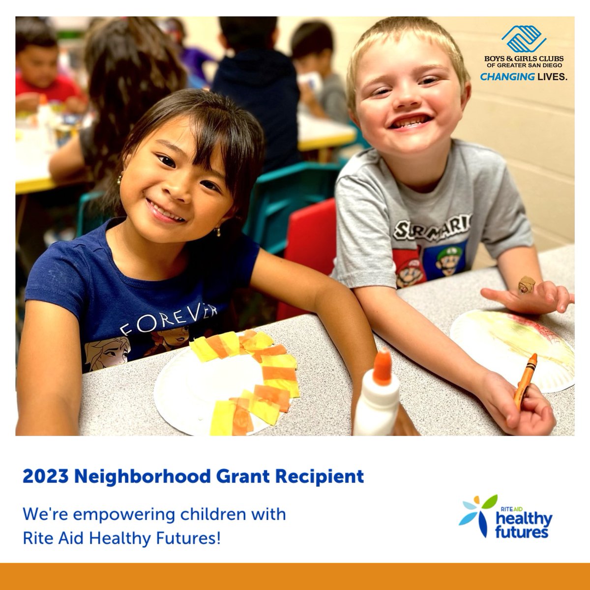 BGCGSD's tweet photo. We're thrilled to have been selected as a recipient of the 2023 Healthy Futures Neighborhood Grant from @RAHFCharities! A huge thank you to Rite Aid Healthy Futures for their steadfast support, championing positive change in our communities.#RiteAid #BGCGSD #SDYouth #CHANGINGLIVE https://t.co/0dydhAj3iu