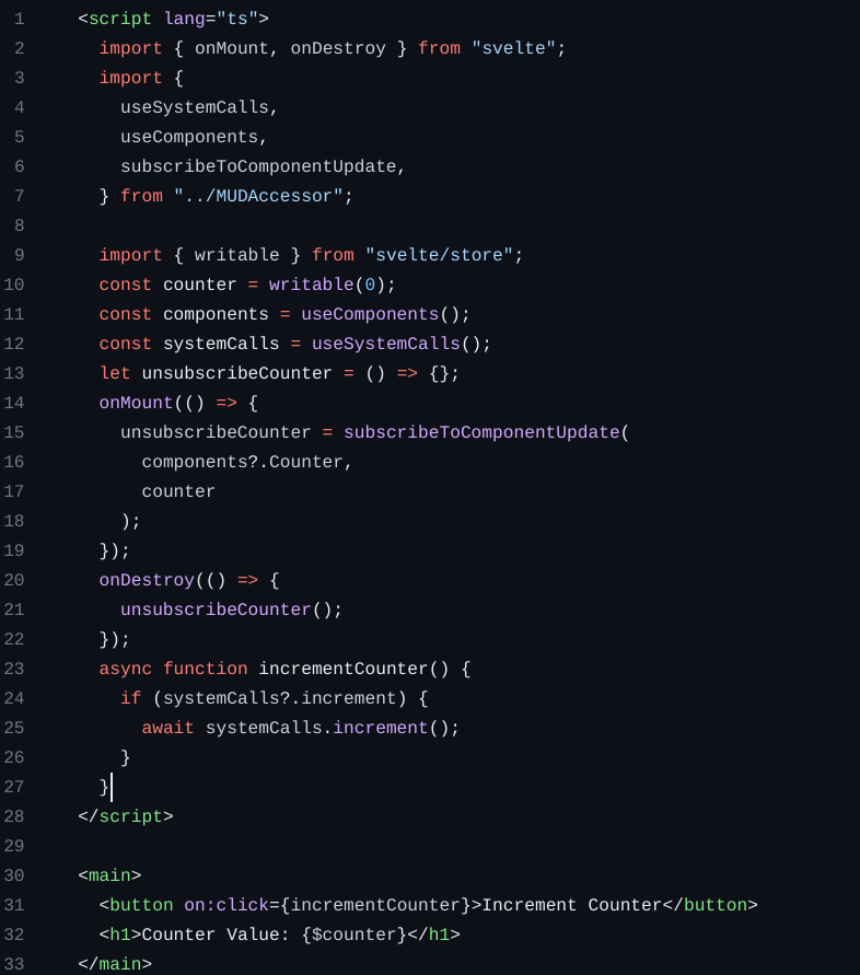 Exploring new grounds with <a href="/latticexyz/">Lattice</a>. Just set up a Mud x Svelte template! Using a writable store for data update. Curious to see if there's a more efficient pattern. Take a peek at the code and contribute! #Svelte #WebDev

github.com/0xMugen/Mud-Sv…

Counter component:
