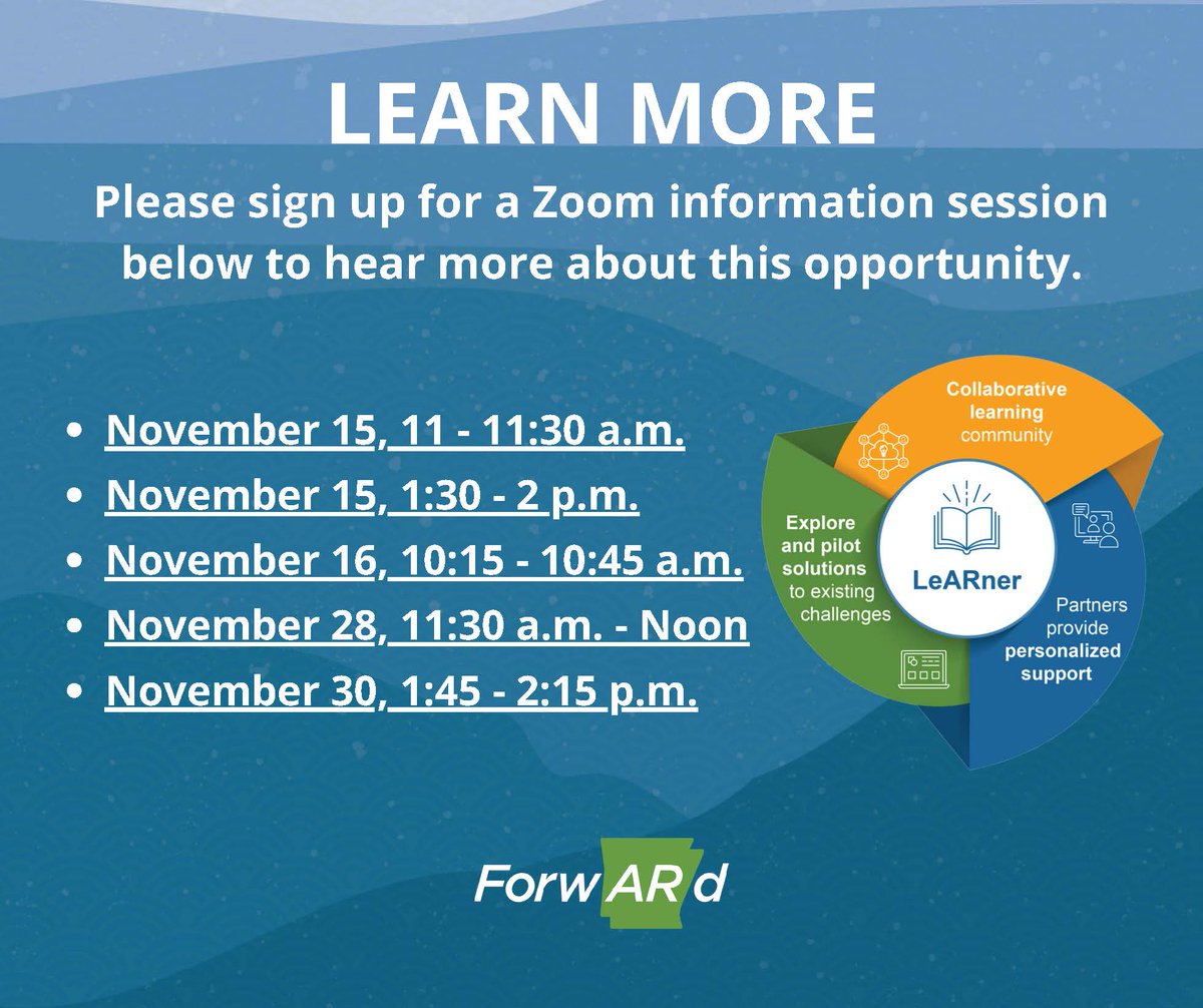 Applications to join our first cohort of The LeARner Collective are open until Dec. 8! Join us for a Zoom info. session this Tuesday or Thursday to learn more about this opportunity for school teams in Arkansas! forwardarkansas.org/site/assets/fi…
