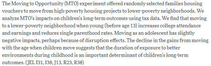 NL_Wetenschap's tweet image. In het Amerikaanse Moving To Opportunity-experiment kregen mensen middels een loterij de kans om naar een gesubsidieerd huis in een betere buurt te verhuizen. Dit had een positief effect op het inkomen en onderwijsuitkomsten van hun kinderen: aeaweb.org/articles?id=10… -@BRavesteijn