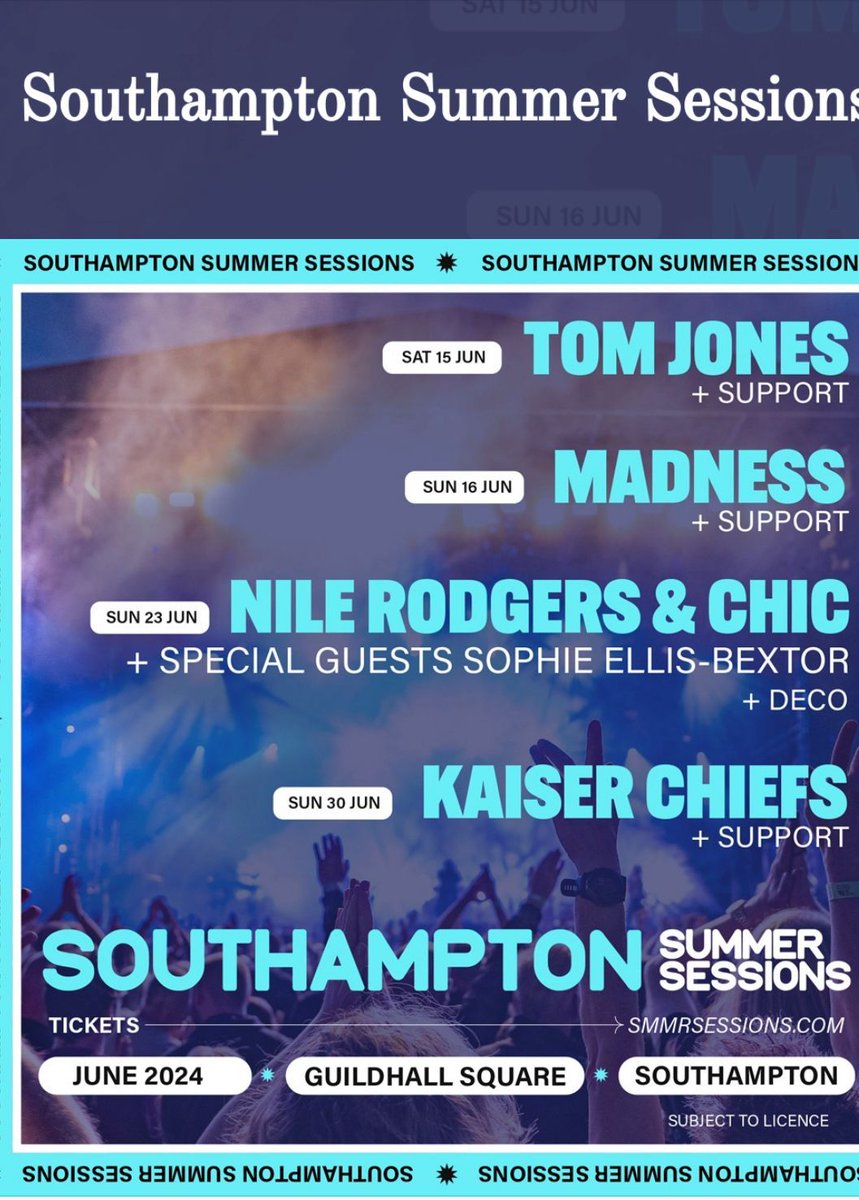 Get ready to party! 💥Southampton Summer Sessions line-up is here!💥 
Madness and Tom Jones on sale 9am Friday! 

#SouthamptonSummerSessions #TomJones #KaiserChiefs #NileRogers #Madness @Visit_soton