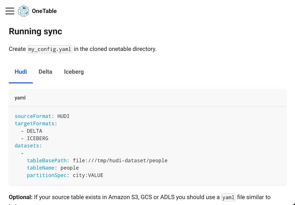 Have you tried the #OneTable quickstart? Within minutes you can have a pipeline simultaneously using Hudi, Delta, and Iceberg. Check out the docs here: onetable.dev/docs/how-to/

#ApacheHudi #ApacheIceberg #DeltaLake #DataLakehouse