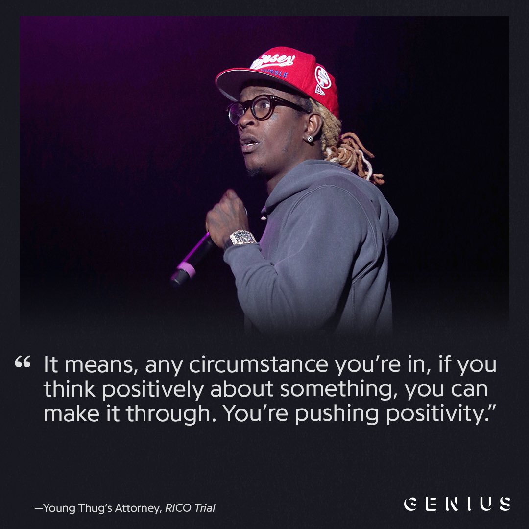 Genius's tweet photo. one of #youngthug’s lawyer explained that the meaning of “p” in @1GunnaGunna &amp; @youngthug track “pushin p” is “pushing positivity.” he also explains what “young thug” means: "truly humbled under god. that's what thug means." 👀🧐 https://t.co/UCmLSpD0ep