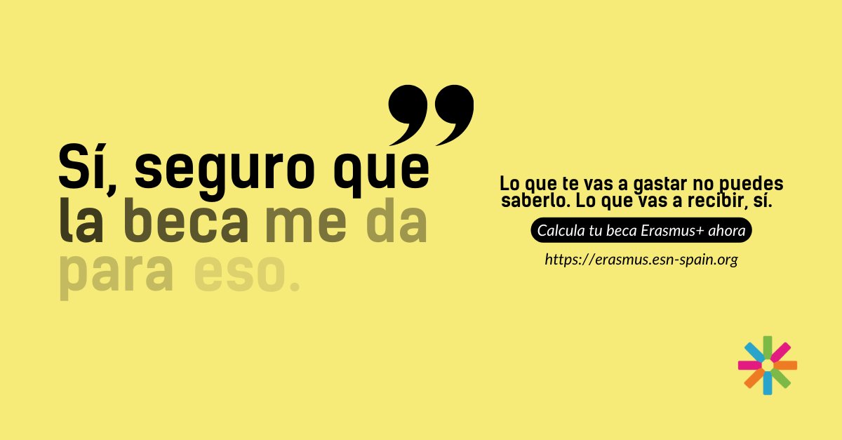 ESN Cartagena (@esncartagena) on Twitter photo 📢 ¿Estás pensando en irte de #Erasmus? Gracias a <a href="/ESNSpain/">Erasmus Student Network España 🇪🇸</a> podrás ahorrar tiempo de papeleo.
👉 Entra en la web que te dejamos a continuación, y conoce en menos de tres minutos que cuantía recibirás erasmus.esn-spain.org
#THISisESN 📢 ¿Estás pensando en irte de #Erasmus? Gracias a <a href="/ESNSpain/">Erasmus Student Network España 🇪🇸</a> podrás ahorrar tiempo de papeleo.
👉 Entra en la web que te dejamos a continuación, y conoce en menos de tres minutos que cuantía recibirás erasmus.esn-spain.org
#THISisESN