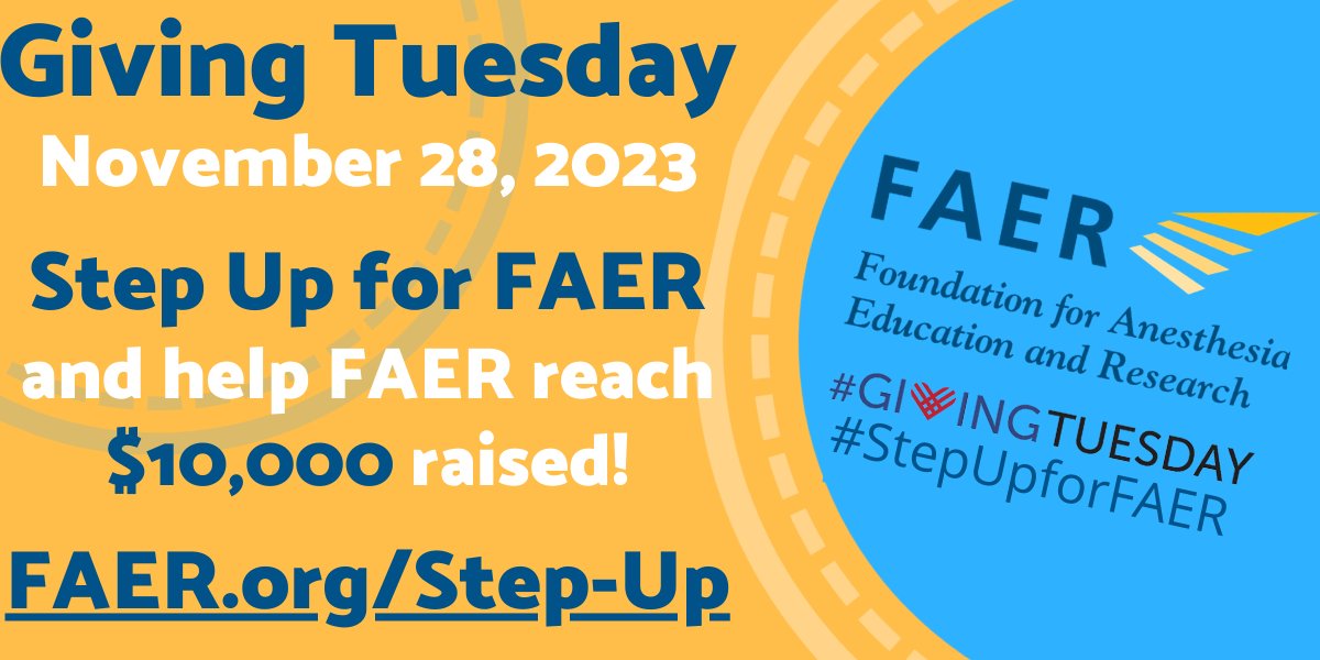 FAERanesthesia's tweet photo. Thanks to our wonderful donors, FAER has surpassed $6K raised this #GivingTuesday!
Help us reach $10K with a donation at https://t.co/fHMxI4Ees1! All Step Up gifts are matched 1:1 up to $100K. So what are you waiting for? #StepUpforFAER with a donation now! 😊
#TheFutureIsFAER https://t.co/n03UguN8Ph