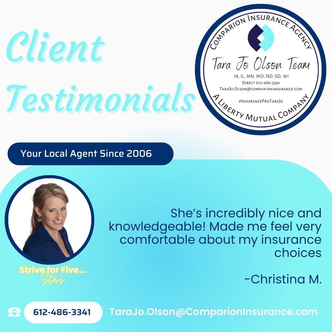 Tara_LibertyMut's tweet image. Thanks so much Christina!!

#BestClientsEver
#Testimonial
#InsuranceProTaraJo
