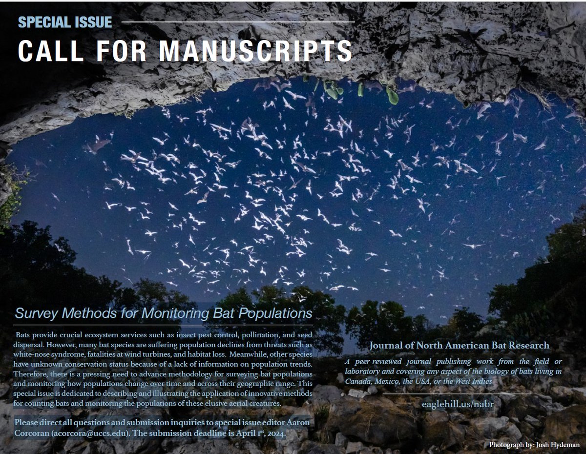 I'm organizing a special issue for the Journal of North American Bat Research: SURVEY METHODS FOR MONITORING BAT POPULATIONS. Please let me know if you're interested in contributing and please share! The work does not have to be from N. Amer. if it applies to our bats.
