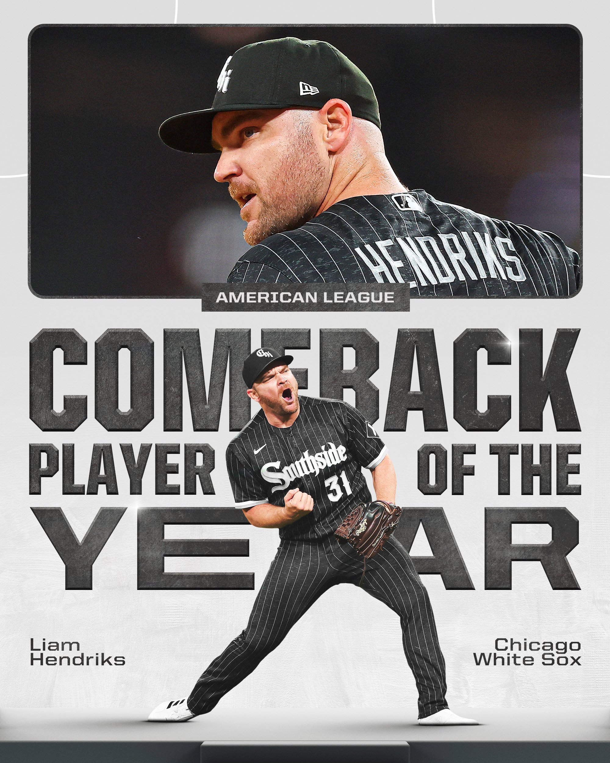 American League Comeback Player of the Year: Liam Hendriks, Chicago White Sox.
Pictured: A cutout of Liam Hendriks fired up and fist pumping after securing a save. Above it is a candid photo of him staring to the side. He wears the black White Sox Southside City Connect uniform with white pinstripes and lettering in each.