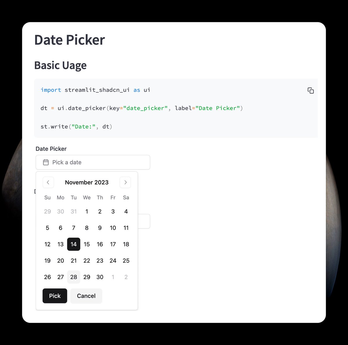 ob12er's tweet photo. Launch my streamlit-shadcn-ui -- A python library allows you to use @shadcn components with @tailwindcss in @streamlit app.
Benefits of streamlit-shadcn-ui:
- Extends more component options to build streamlit app
- More customization for UI design
- React element in python🙉 https://t.co/D7kRRpmGhG
