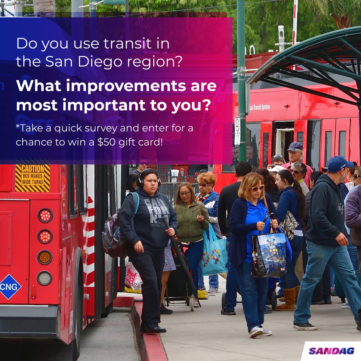 SANDAG's tweet photo. From discounted fares to improved services, we’re exploring ways to make transit more accessible, &amp; we want to hear from you. Complete our survey to help shape future transit programs &amp; enter for a chance to win our sweepstakes!🗓️Take the survey by Jan. 2: https://t.co/SBoouj1AvU https://t.co/XRFaJhoxPn