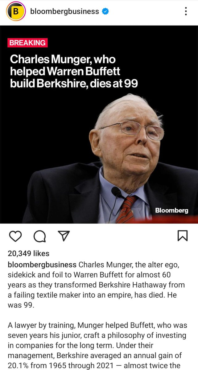 Charlie Munger, Who Helped Buffett Build Berkshire, Dies at 99

bloomberg.com/news/articles/…

#kafeinvestor Charlie salah satu yg menambah strategi investasi Buffett dari #valueinvesting menjadi #growthinvesting.