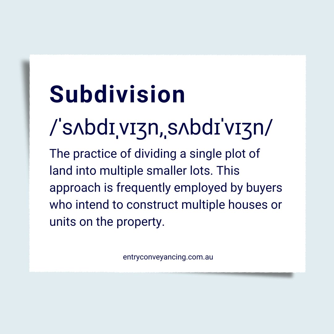 #jargonoftheweek - Subdivision🏡
Gain more insights by calling Entry Conveyancing on 1800 518 187 or clicking the link below! 🔗 entryconveyancing.com.au 🙌

#entryconveyancing #propertyknowledge #lawyers  #legaladvice #law  #conveyancinginmelbourne #subdivision #jargons