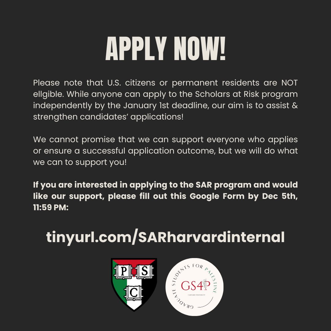 The Harvard Scholars-at-Risk (SAR) Program’s application cycle is open until January 1st. Harvard PSC and GS4P want to support applicants in strengthening their applications. If you or someone you know might be a strong Palestinian scholar-at-risk candidate (who is also NOT a…