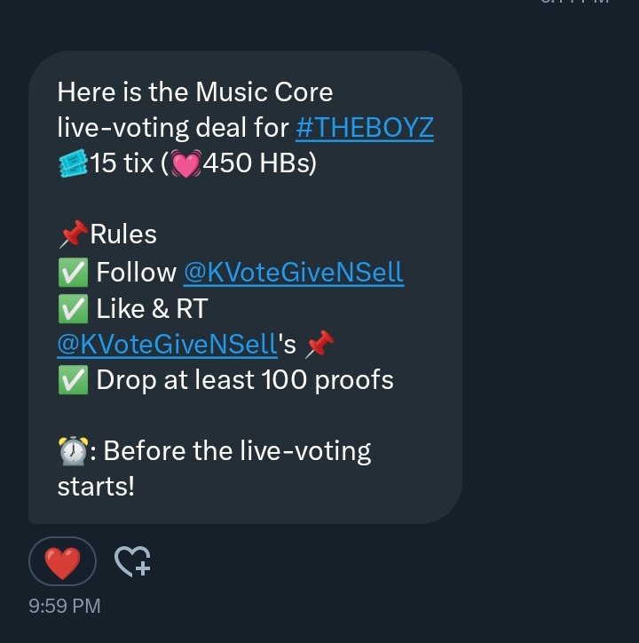 sol_lacuna's tweet image. ALSO THIS DEOBIS ‼️
Here is the Music Core live-voting deal for #THEBOYZ

🎟️15 tix (💓450 HBs)

📌Rules 
✅ Follow @KVoteGiveNSell
✅ Like &amp;amp; RT @KVoteGiveNSell's 📌
✅ Drop at least 100 proofs

⏰: Before the live-voting starts!