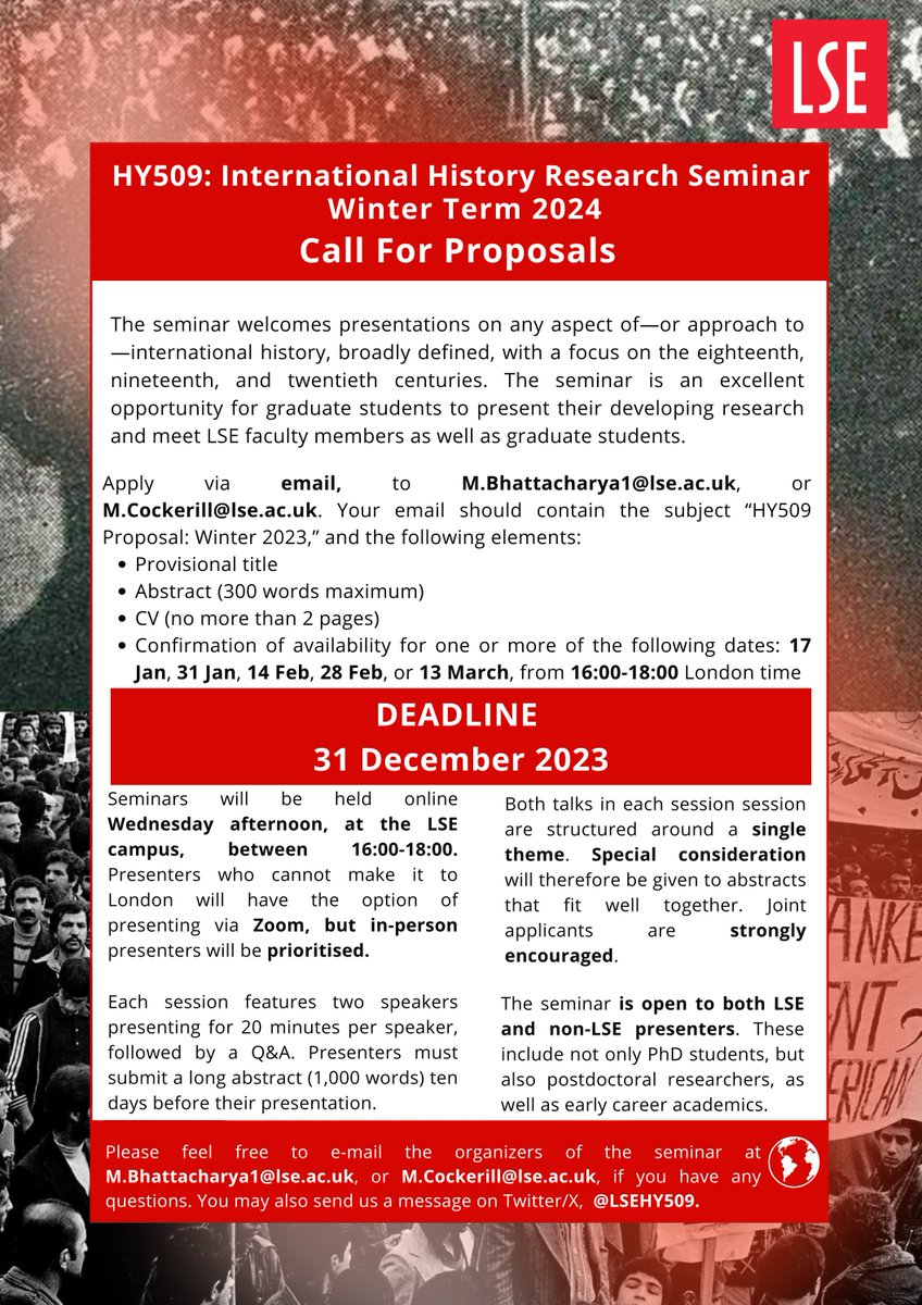 We invite and encourage PhD students, postdoctoral researchers, and early career academics to send your research proposals for our Winter Term 2024 seminar! This is a prime opportunity to discuss & receive feedback on your research, as well as a potential asset to your resumes.