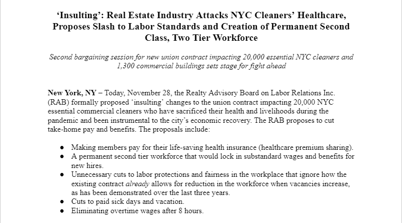 32BJSEIU's tweet photo. BREAKING:  Real Estate Industry attacks NYC Cleaners’ healthcare, proposes slash to labor standards and creation of permanent second class, two tier workforce.
Second bargaining session for new union contract impacting 20,000 essential NYC cleaners and 1,300 commercial buildings sets stage for fight ahead. #BuildingJustice
Read the full press release at: https://t.co/UbzI2rOjjD