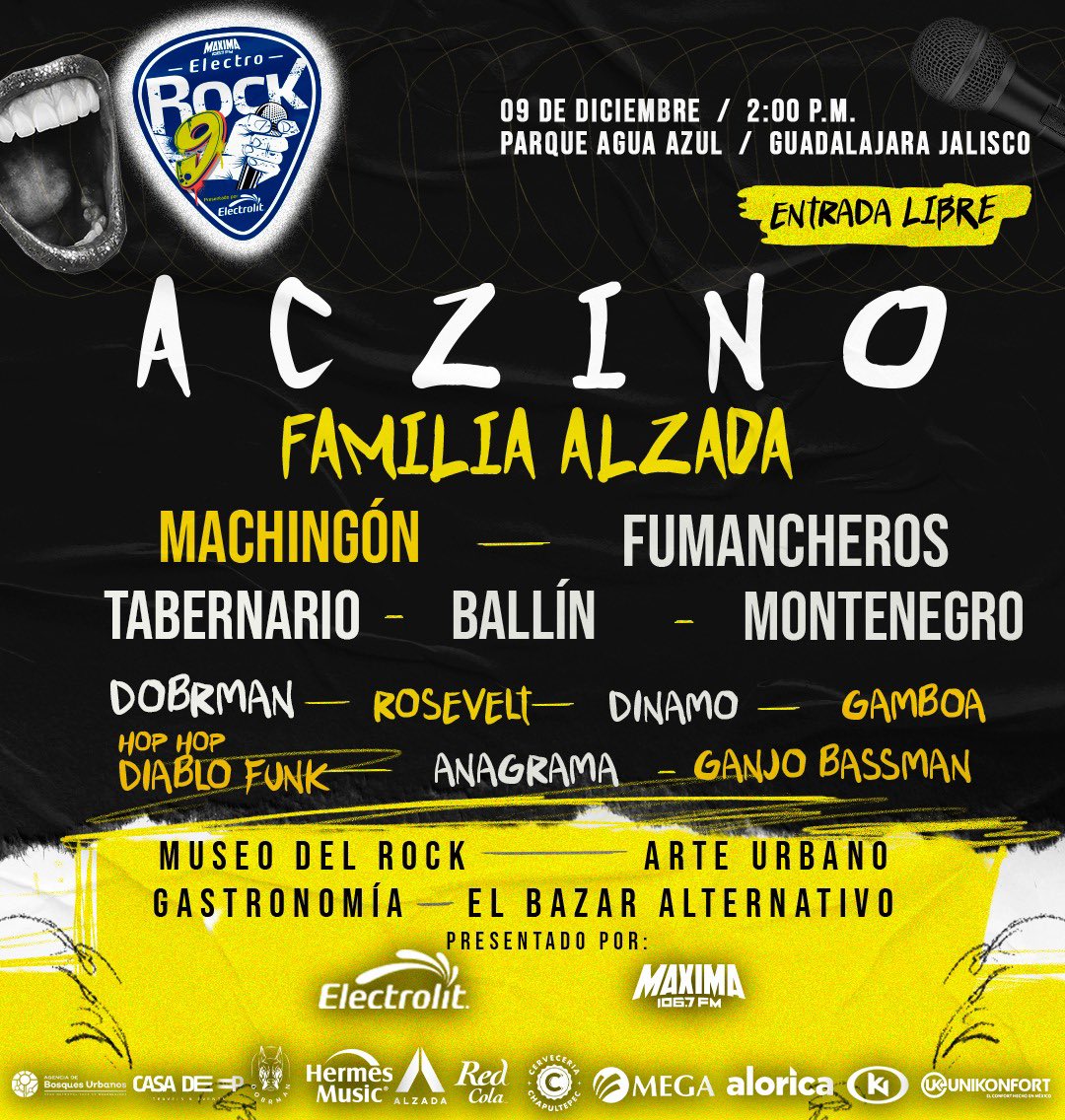 MAXIMA1067FM's tweet photo. ELECTROROCK 🎸 9
Estas son las bandas y raperos que estarán presentes en este gran festival 🎉
📍Parque agua azul
📆 9 de Diciembre
⏰ 2:00 pm
Entrada libre - cupo limitado⚠️
@Electrolit @aczino @alzadaoficial
#electrorock9 #rock #rap #freestyle #maxima1067fm https://t.co/VClZ7z7lxE