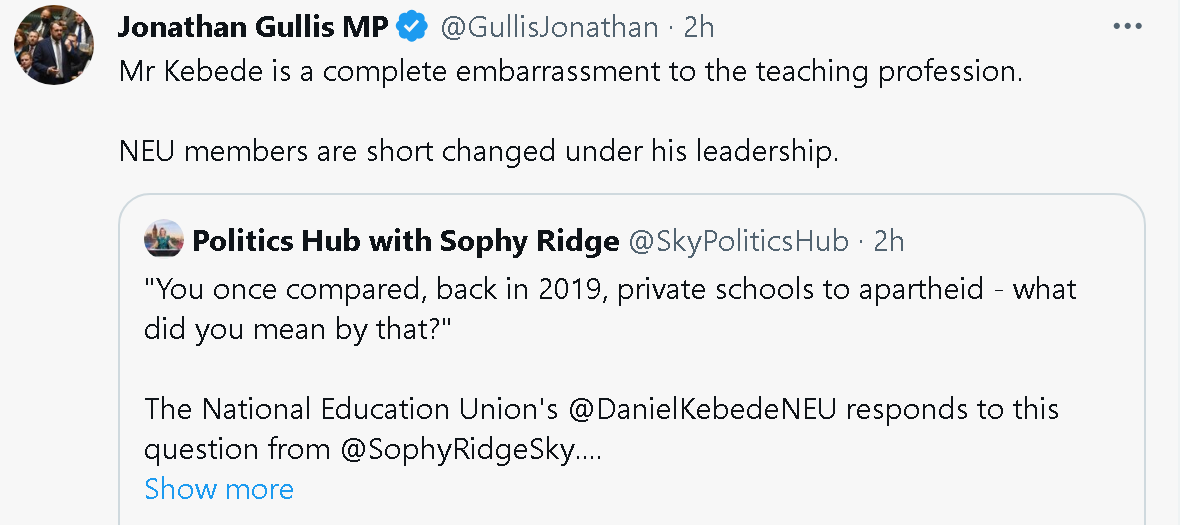 Ex-teacher Gullis here accusing someone of being a complete embarrassment to their profession.
He's the benchmark when it comes to a lack of self-awareness; his poor short changed constituents deserve better.
#ToriesOut509 #Gullis #GullisOut #GTTO