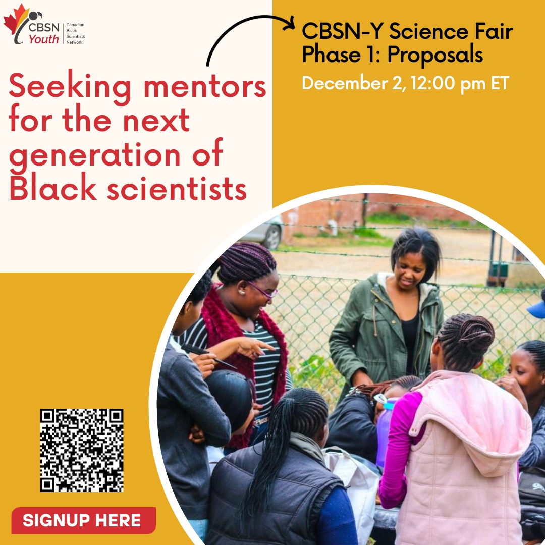 📢 Calling all STEM professionals! Help us mentor Black STEMM scholars in grades 7-12 who are developing science fair projects. You can make a difference online or in person. Learn more here youthscience.ca/cbsny/  or sign up using QR