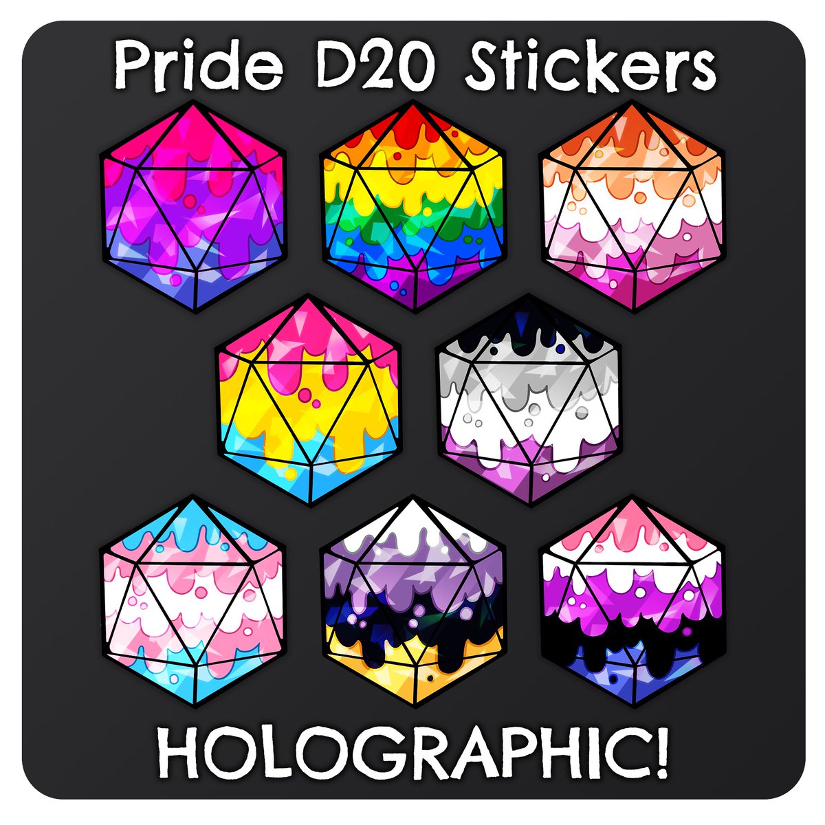 ECTOBOTSHOP's tweet photo. The newest addition to our Pride collection -- Holographic D20 pride stickers for our fellow DND nerds! 🧙‍♂️
We donate 10% of all profits from our Pride inspired merchandise to The Trevor Project! 🏳️‍🌈 https://t.co/IDx82ZTqCM