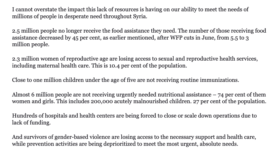 OCHA’s Edem Wosornu says the UN’s 2023 aid plan for Syria is only 33 percent funded—and it’s now winter and 2023 is almost over. She notes that months of pleading with donors made no difference, and lists some of the results (see below). More cuts to come. reliefweb.int/report/syrian-…