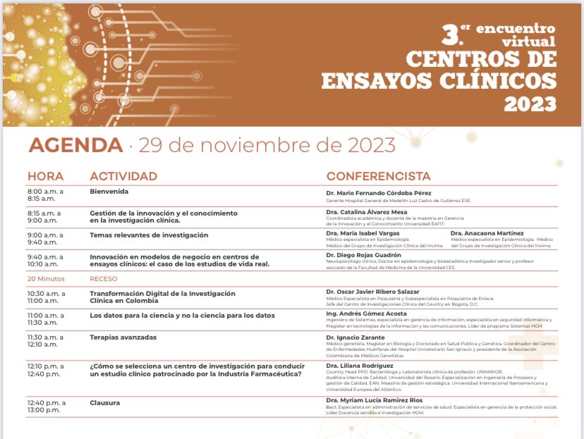 dpcuesta's tweet photo. Agenda del 3er Encuentro de Centros de Ensayos Clínicos HGM 2023 https://t.co/RgZW2CtMrG