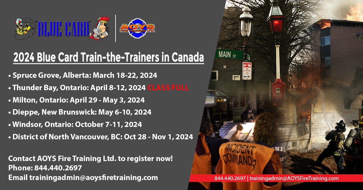 2024 Canadian Blue Card Train-the-Trainer schedule confirmed. If you are looking to add instructors in your department, email trainingadmin@aoysfiretraining.com to secure spots in one of the trainers.
