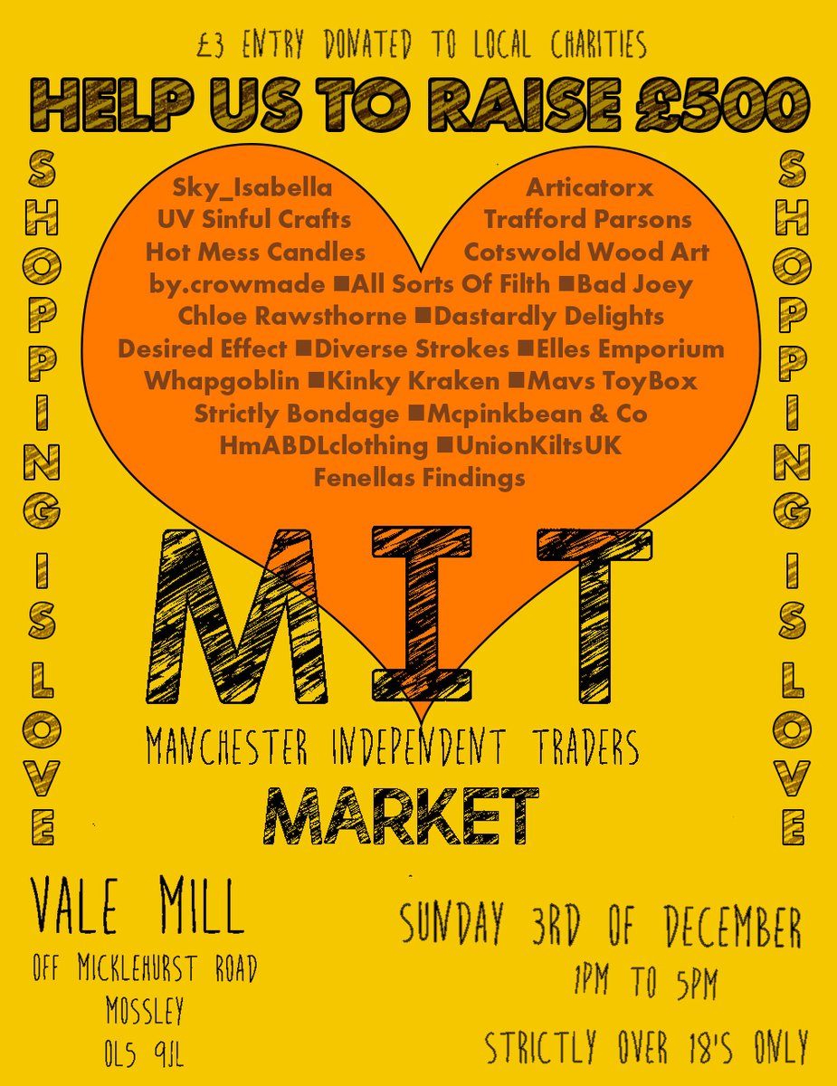 Manchester Independant Traders Market. ITS ALMOST TIME! Over 25 stalls for you to feast your eyes on. Sunday 3rd December  TIME: 1.00pm - 5.00pm COST: Entrance Fee- £3.00pp ALL  proceeds go to the Fundraiser. We are hoping to raise £500 for local charities this Christmas.