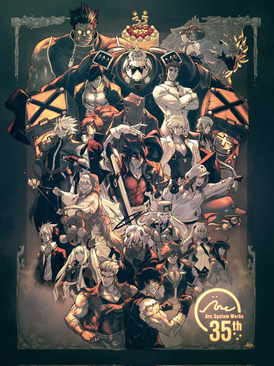 Bosslogic's tweet photo. This year marks Arc System Works' 35th Anniversary. From everyone here, we thank you for your continued support and promise to continue pursuing greatness for many years to
come. Celebrate with us and remember our philosophy:

ACTION. REVOLUTION. CHALLENGE.

We conclude our celebration with one last epic contribution from @AngryangryD. We hope you enjoyed tasting the cake as much we enjoyed baking it! 🎂

#ASWxBossLogic