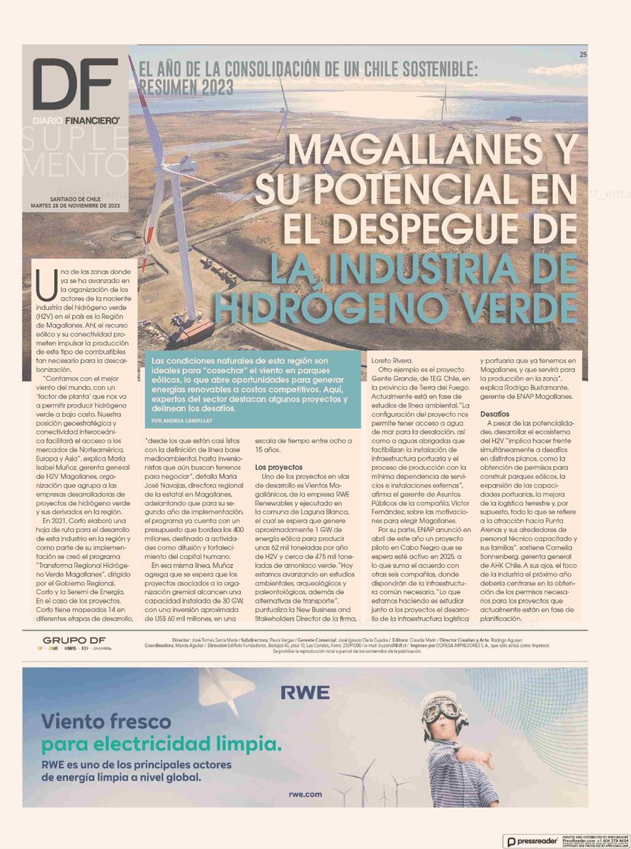 Hoy en @DFinanciero 'Magallanes y su potencial en el despegue de la industria del hidrógeno verde'. 
Una de las zonas donde ya se ha avanzado en la organización de los actores de la naciente industria del #H2V en el país, es en la región de Magallanes...