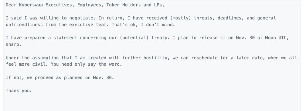 officer_secret's tweet photo. The @KyberNetwork exploiter sent the team another message! https://t.co/DnuKUWjFMn