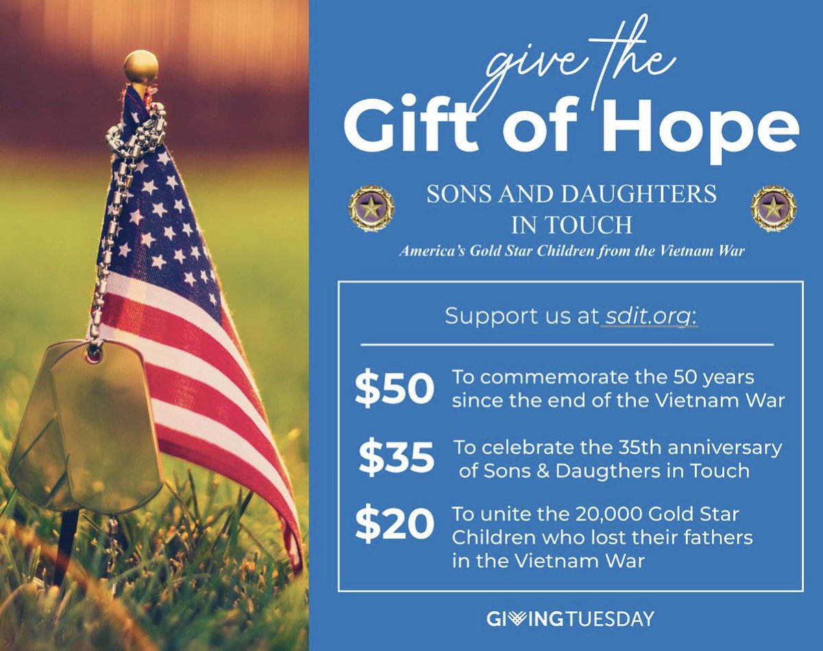 On #GivingTuesday, support America’s Gold Star Children from the Vietnam War as they provide care, community and connections for the 20,000 ‘sons and daughters’ who lost their fathers in the war. #GoldStarFamilies #VietnamWar #Care #Compassion #Connections
🇺🇸⭐️🇺🇸⭐️🇺🇸⭐️🇺🇸⭐️🇺🇸⭐️🇺🇸