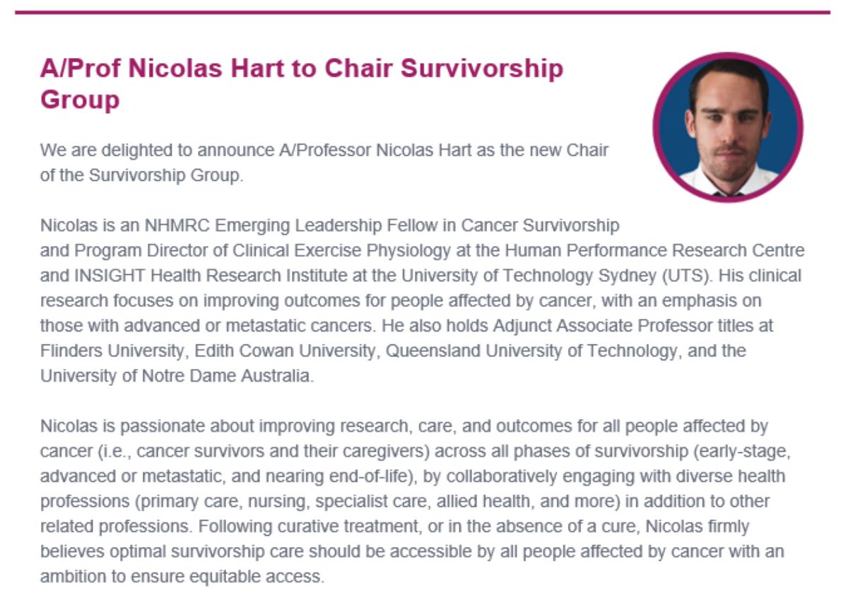 Pleased to be the new Chair of <a href="/COSAoncology/">COSA</a> Survivorship. We have an ambitious program of work with an excellent team of people. Expressions of interest to join the Survivorship Executive will be advertised shortly (imminent) and will close pre-Christmas break! #SurvOnc #SuppOnc