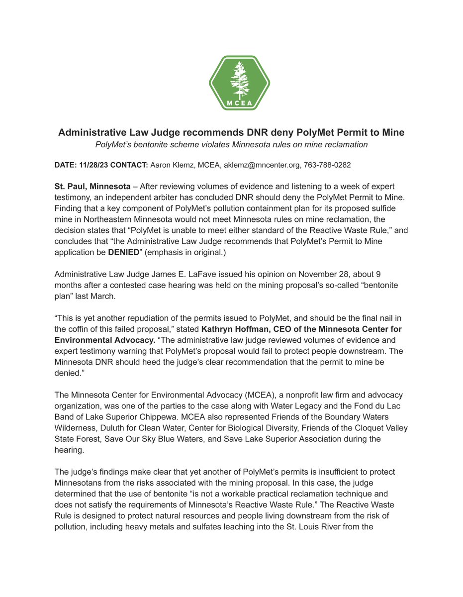 MCEA1974's tweet photo. BREAKING: Admin Law Judge recommends @mndnr deny PolyMet permit to mine that violates MN rules on reactive mine waste. 

"This is yet another repudiation of the permits issued to PolyMet, and should be the final nail in the coffin of this failed proposal."

Read our release: https://t.co/55mbmBA7E0