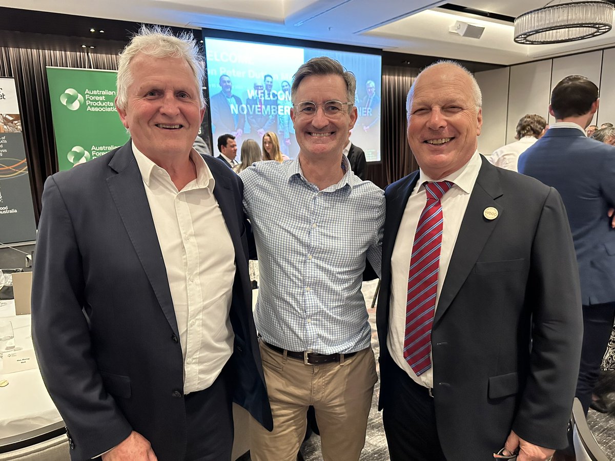 ForestWorks's tweet photo. ForestWorks Director Tony Price, Department of Agriculture, Fisheries and Forestry Secretary Adam Fennessy, &amp; ForestWorks CEO Michael Borowick at this week’s AFPA Dinner https://t.co/VtCBRD4Csj
