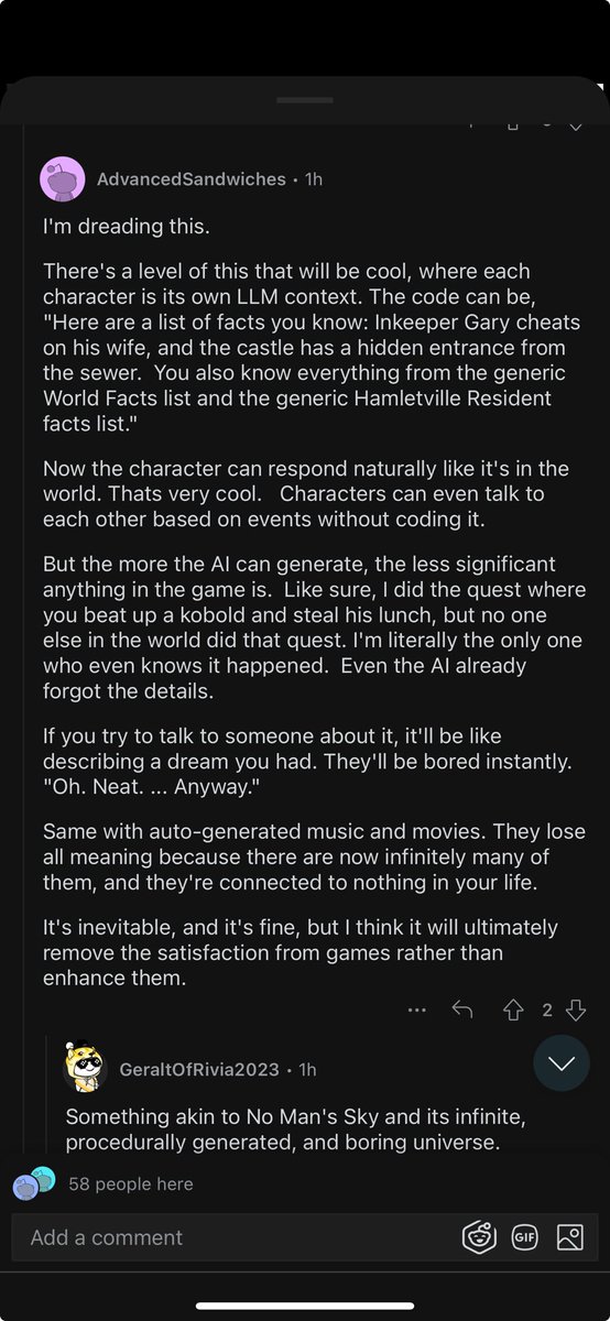 A great and sobering point I found on Reddit - fun to imagine “infinitely generated RPGs” with generative AI but when taken to the extreme it just dilutes and destroys meaning