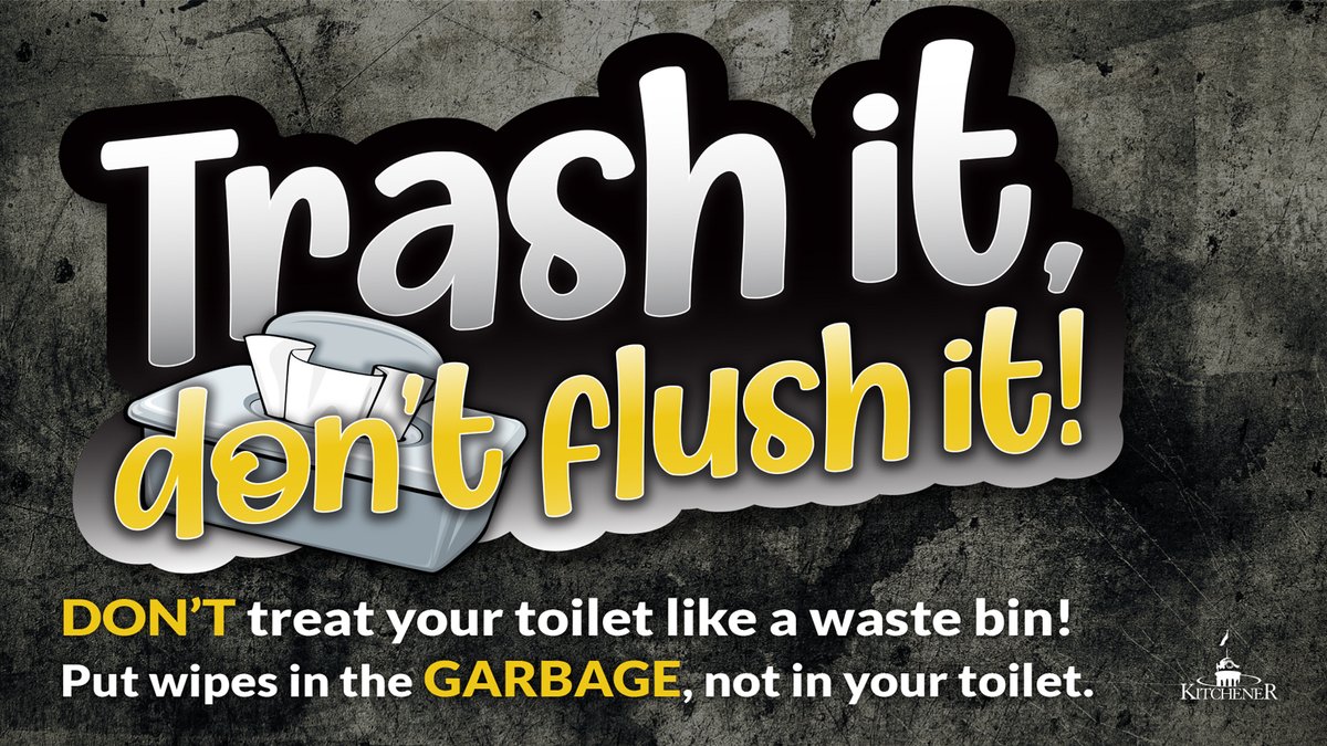 CityKitchener's tweet photo. #DYK? Wipes labelled as “flushable” are not actually flushable. Flushing wipes can block sanitary sewer pipes, which costs Canadians more than $250M to clear each year. Please make sure you put your wipes in the garbage.
Learn more: https://t.co/LlOx3hYnZj
#KitchenerUtilities https://t.co/6kk6A8r6xO