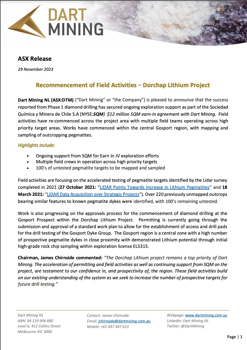 <a href="/DartMining/">Dart Mining</a> is pleased to announce that the success reported from Phase 1 diamond drilling has secured ongoing exploration support as part of the Sociedad Química y Minera de Chile S.A (NYSE: $SQM) $12 million SQM earn-in agreement with $DTM.
ASX🔗bit.ly/3SX6yBG
#lithium
