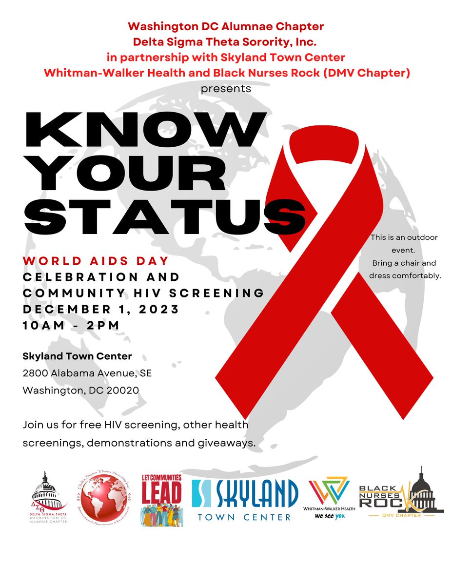 Join us for World AIDS Day and a free Community HIV Screening on Friday, December 1, 2023 from 10 am - 2 pm. #DST1913 #WorldAIDSDay #intlawareness #WDCACDST #KnowYourStatus @whitmanwalker @bnrdmvchapter